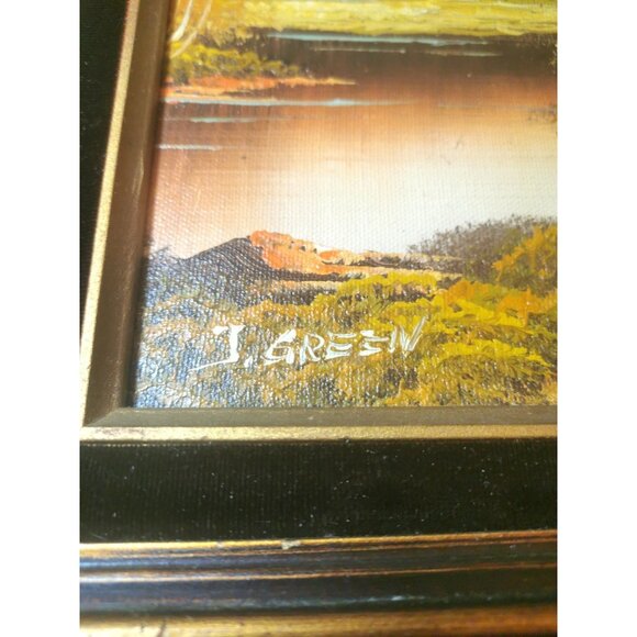 Oil Painting Signed J. Green Guilded Wood Frame Black Velvet Trim Vintage 1950s - Picture 6 of 8